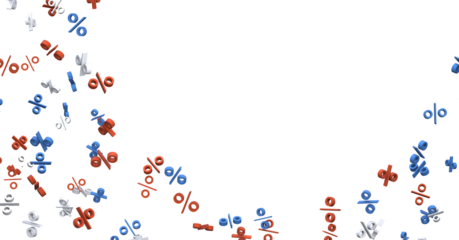 3D rendered illustration of percentage symbols in red blue and white colors, ideal for financial concepts, discounts and sales promotions. Moder