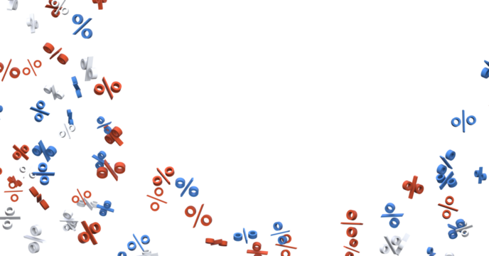 3D rendered illustration of percentage symbols in red blue and white colors, ideal for financial concepts, discounts and sales promotions. Moder