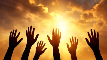 hands of a young person reaching upward toward the glowing clouds of a golden sunset, symbolizing hope, dreams, and aspirations sunset silhouette hands reaching sky golden light clouds hope 