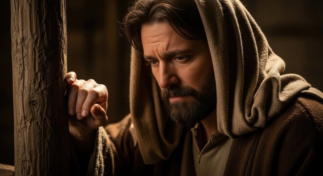 portrait of contemplative saint joseph in ancient robe. biblical scene of nativity of jesus. christmas holiday concept. christian faith and spirituality.