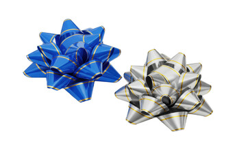 Two shiny, translucent blue and silver gift bows with gold striped edges, perfectly formed against a transparent studio background with copy space, high-key lighting, festive commercial ad concept