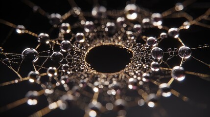 Scientific close-up of water droplet structure on spider web, surface tension and geometric arrangement principles