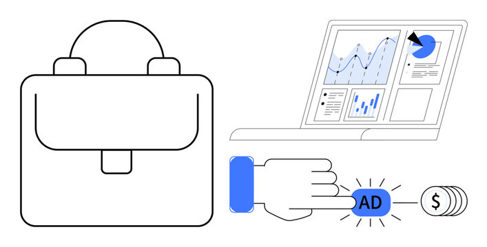 Backpack, hand clicking ad button, laptop with analytics graphs. Ideal for digital marketing, advertising, business growth, e-commerce, entrepreneurship data analysis investments. Clear flat