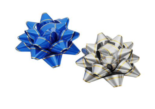 Two shiny, translucent blue and silver gift bows with gold striped edges, perfectly formed against a transparent studio background with copy space, high-key lighting, festive commercial ad concept