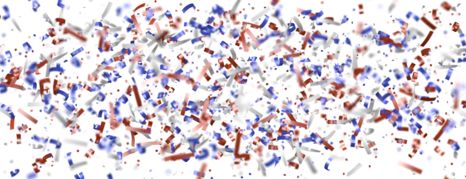 Colorful confetti exploding on white background, perfect for celebrations, independence day, 4th of July, parties, and festive designs.