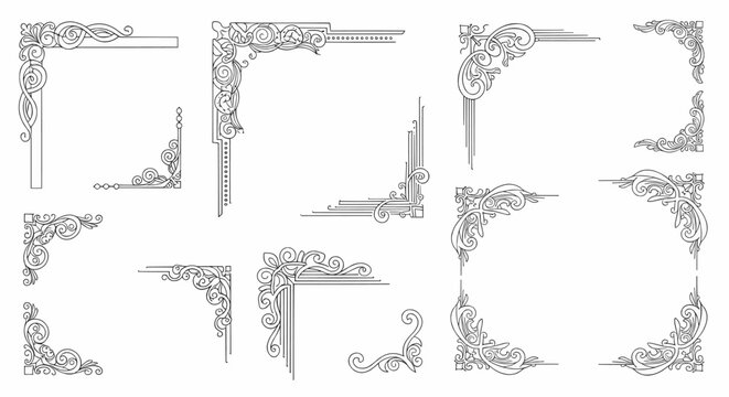 Set of ornate vintage decorative corner elements with calligraphic flourishes. A classical border vector illustration