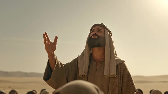 Male prophet preaching sermon with raised hand in ancient biblical desert land with crowd. Apostolical preach for repentance concept.