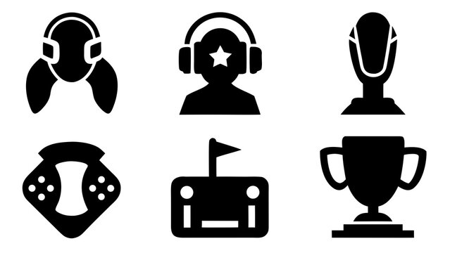 Black and white icons representing gaming culture and esports tournament victory