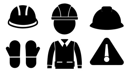 Construction worker safety gear and hazard warning sign in black and white style