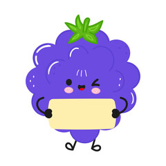 Cute winking blackberry character holding empty sign