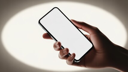 Obraz premium Close up shot of hand holding smartphone with blank white screen from low angle