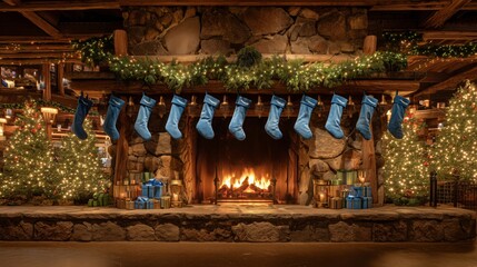 Fototapeta premium Festive Cozy Fireplace with Stockings and Christmas Decorations Set in a Warm Rustic Atmosphere for Holiday Celebrations