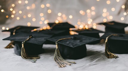 Graduation caps symbolizing new beginnings, tassel details and warm light representing achievement and hope