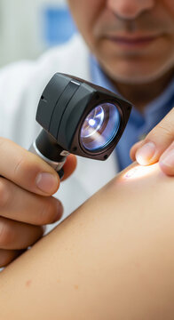 Doctor examining mole with dermatoscope in hospital, close-up, medical concept in dermatology