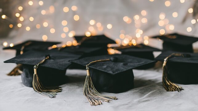 Graduation caps symbolizing new beginnings, tassel details and warm light representing achievement and hope
