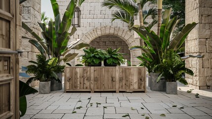 Stone archway frames a wooden cabinet with potted plants in an outdoor space, sunlight shines