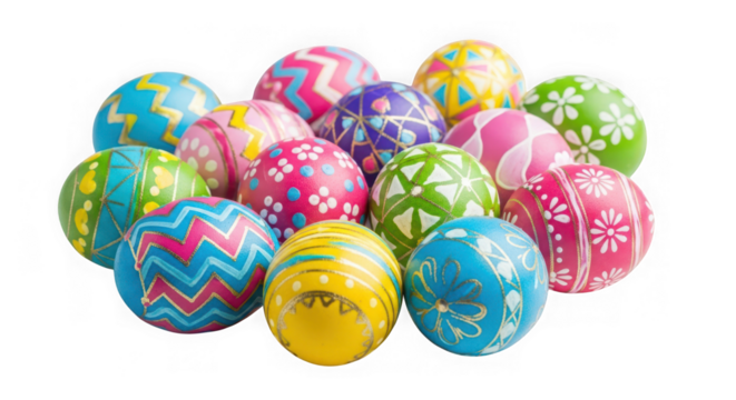 Colorful decorated easter eggs isolated on transparent background