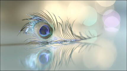 Obraz premium Iridescent peacock feather design element, delicate texture combined with mirror reflection, soft light dimensionality