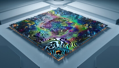 Awe inspiring view of futuristic innovation and technology. metallic processor with complex, responsive surface and iridescent, adaptive material on clean background