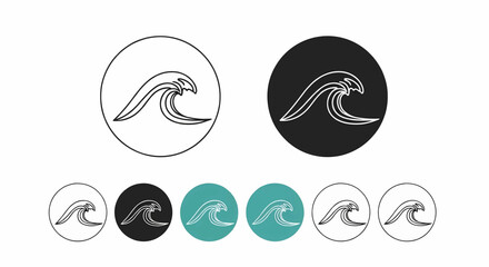 Stylized ocean wave icon set in circular design. Simple sea water and surf logo symbol. Vector illustration