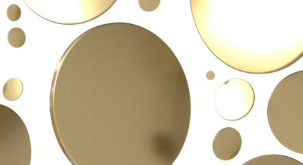 Abstract gold circles floating on a white background, creating a minimalist and sophisticated design. Perfect for modern art, luxury projects an