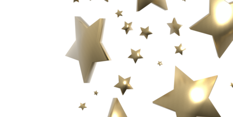 Abstract image of gold stars floating against a clean white backdrop. Perfect for celebratory themes and visual design needs, evoking joy.