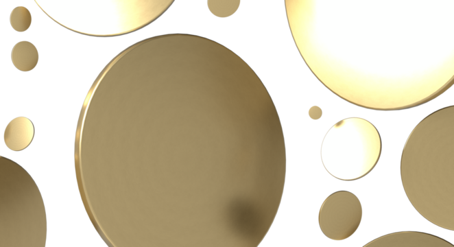 Abstract gold circles floating on a white background, creating a minimalist and sophisticated design. Perfect for modern art, luxury projects an
