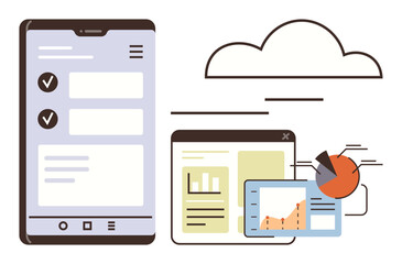 Smartphone displaying checklist, cloud icon, data dashboards, bar graph, pie chart. Ideal for data analysis, cloud computing, business strategy, productivity mobile technology digital tools simple