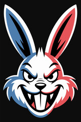 Fototapeta premium Aggressive cartoon rabbit head with red, white, and blue coloring and an evil grin on a black background.