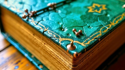 Close up of objects in retro blue-green books
