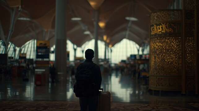 Versatile travel theme commercial template, airport traveler upper-body shot with soft light and cultural backdrop