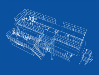 Industrial Equipment Blueprint on Blue Background