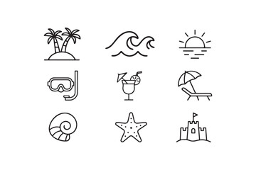 Beach Vacation Line Art Icon Set Vector Illustration on White Background.