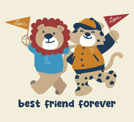 T-shirt print design of a lion and tiger's best friend forever slogan and  effected cute tiger drawing as vector, background on cream flag lion and tiger king, cute tiger, lion and kidish tiger.