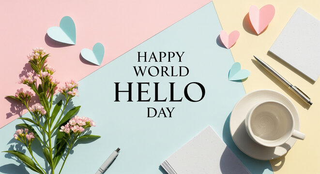 Happy World Hello Day, flat lay design, minimalist background, pastel colors, modern typography, cozy atmosphere, greeting card, positive vibes, flower decoration, friendship celebration, inspirationa