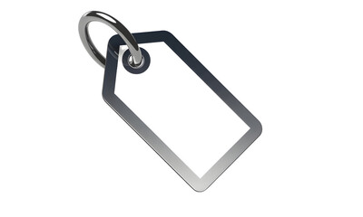 Isolated blank tag with a silver border and metal ring on a transparent background