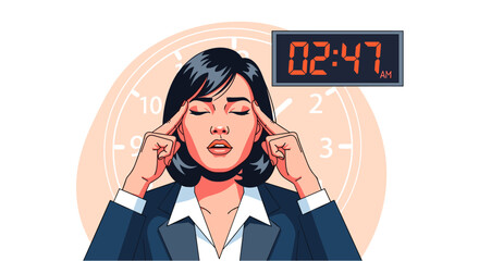 An exhausted Asian businesswoman experiences burnout and stress at 2:47 AM, highlighting the pressures of modern work and the need for work-life balance.