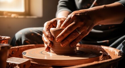 Close-up of male hands shaping clay on pottery wheel in warm light