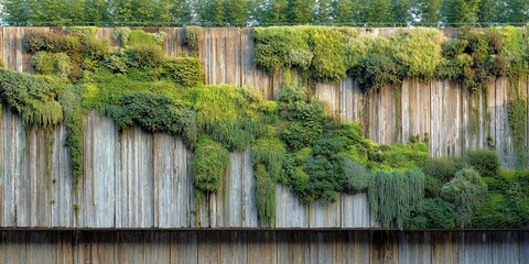 Vertical garden with lush greenery against wooden wall in urban setting