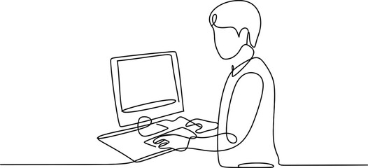 Continuous line drawing of a person sitting at a desk and working on a computer with a monitor and keyboard, representing productivity and technology use.