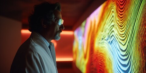 Obraz premium Scientist observes colorful patterns on a digital display in a modern lab at night