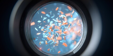 Colorful particles swirling in a blue space viewed through a circular lens in a dark background