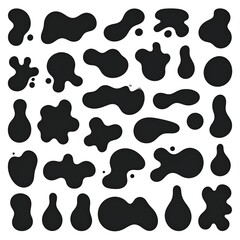 Black amorphous shapes of varying sizes, against a white background