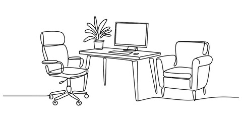 Minimalist single continuous line drawing of a contemporary home office workspace, showcasing a computer desk, ergonomic chair, houseplant, and a comfortable armchair.