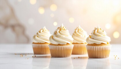 Four gourmet vanilla cupcakes with creamy white buttercream frosting and gold sprinkles on a bright, festive bokeh background