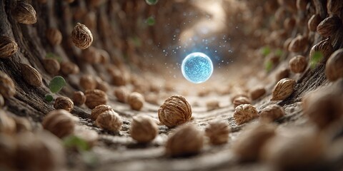 Creative visualization of a glowing sphere among walnuts in a unique environment