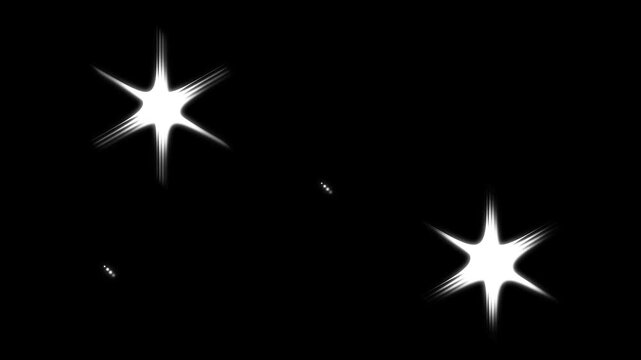 Bright glowing twinkle star animation, white flat vector doodle stars blinking and shimmering on black screen, 4K sparkling night sky motion graphic visual background.