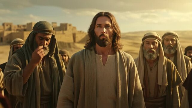 Man preaches to a crowd in ancient biblical land, conveying a message with expressive gestures and open mouth