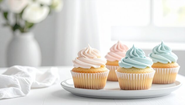 Four decorated cupcakes with creamy frosting in pastel pink and blue sit on a white plate on a table