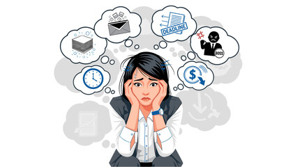An Asian businesswoman experiences stress and burnout, overwhelmed by work and deadlines, struggling to manage her tasks and maintain a healthy work-life balance.